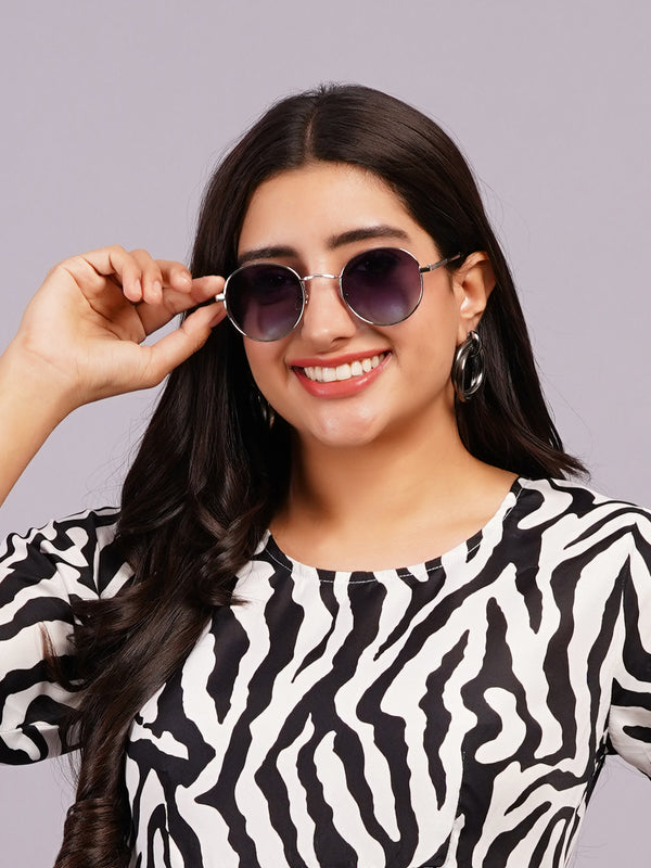 Celebrity Full Rim Blue Metal Frame With Blue UV Protected Lens Round Sunglasses for Women_3447-BL