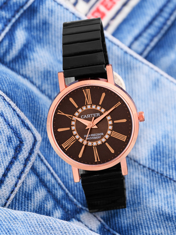 Sandy D Carter Metal Rose Gold Analogue Round Watches for Women_SDC24-57-RG-BR