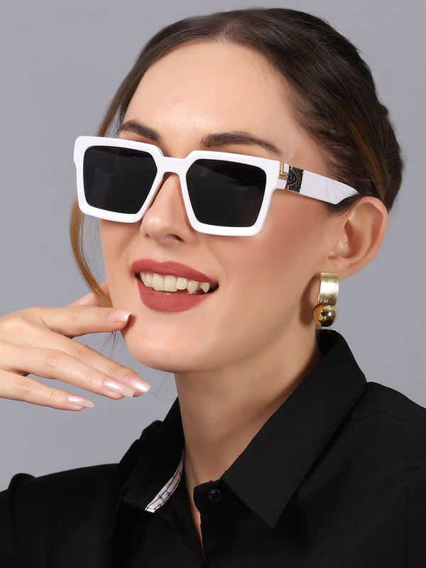 Celebrity White Plastic Frame With Black UV Protected Lens Rectangular Sunglasses for Men & Women_CLIMB-01