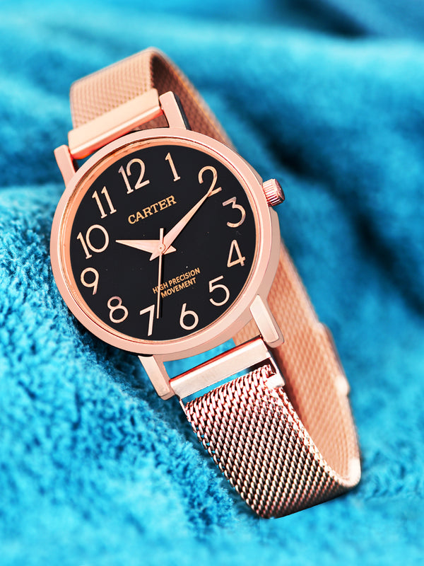 Sandy D Carter Metal Rose Gold Analogue Round Watches for Women_SDC24-74-RG-BK