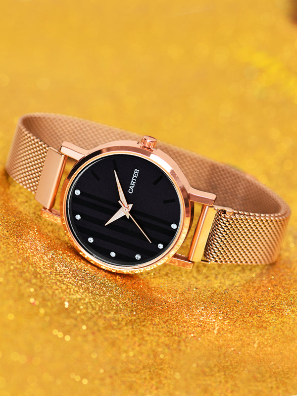 Sandy D Carter Metal Rose Gold Analogue Round Watches for Women_SDC24-71-RG-BK