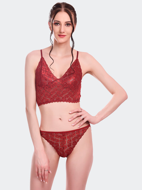 Fleurt Maroon Lycra Lace Lingerie Set - One Size (Free Size) For Women Fleurt-Set-170-NEW-MR