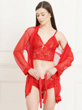 Fleurt Red Power Net+Spendex net Babydoll with Robe Dress for Women Fleurt25-BD-SH-170O-1014_RD