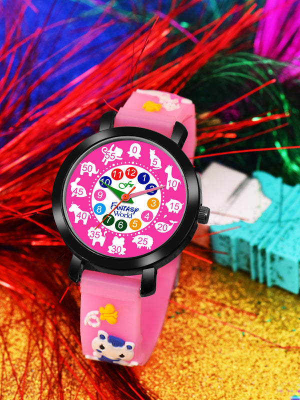 Fantasy World Pink 3D Print Rubber Strap Time Teacher Analog Watch Boys & Girls FW-25-BK-11