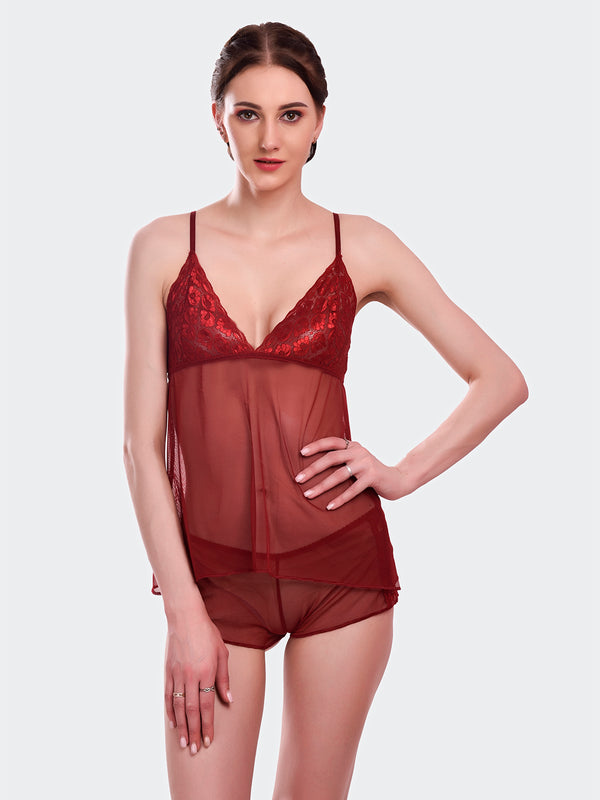 Fleurt Maroon Power Net Premium Baby Doll Dress for Women HOBF-1028-MR
