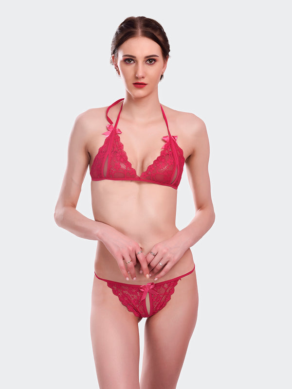 Fleurt Maroon Lycra Net Bikni Set I Lingerie Set - One Size (Free Size) For Women Fleurt-Set-206-MR