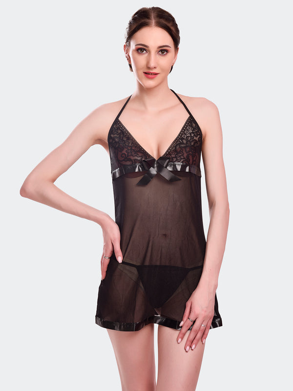 Fleurt Black Spendex Net Baby Doll Dress for Women HOBF-BD-142-BK
