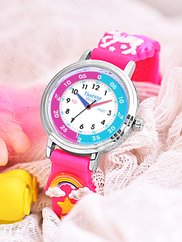 Fantasy World Pink 3D Print Rubber Strap Time Teacher Analog Watch Boys & Girls FW-25-SL-04