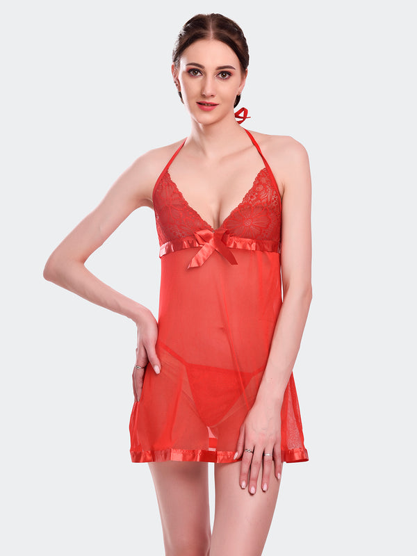 Fleurt Red Spendex Net Baby Doll Dress for Women HOBF-BD-142-RD