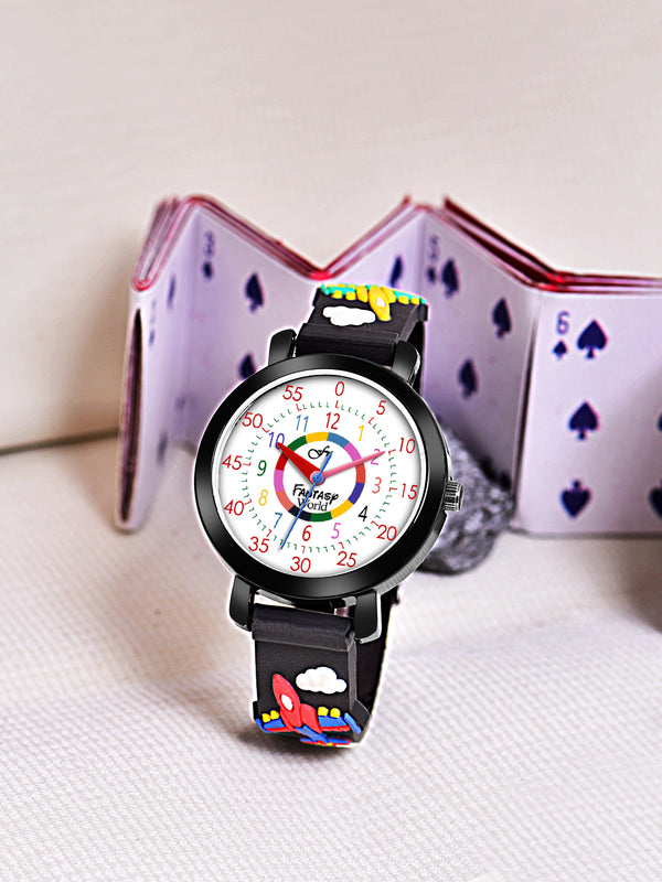 Fantasy World Black 3D Print Rubber Strap Time Teacher Analog Watch Boys & Girls FW-25-BK-07
