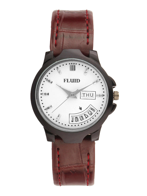 Fluid  White Round Leather Strap Analog Watches for Women FLWatch23-777L-WH01