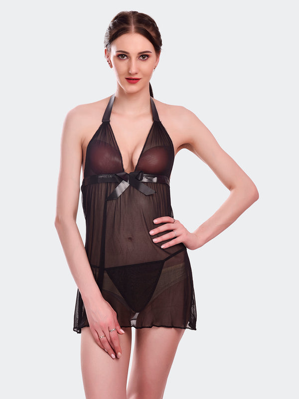 Fleurt Black Spendex Net Baby Doll Dress for Women HOBF-BD-142-NEW-BK