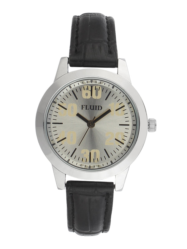 Fluid  Silver Round Leather Strap Analog Watches for Women FLWatch24-744L-SL01