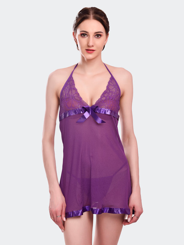 Fleurt Purple Spendex Net Baby Doll Dress for Women HOBF-BD-142-PR