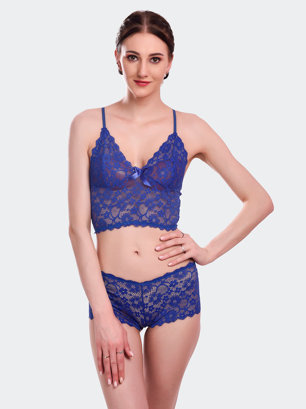 Fleurt R.Blue Lycra Lace Lingerie Set - One Size (Free Size) For Women Fleurt-Set-170-R.BL