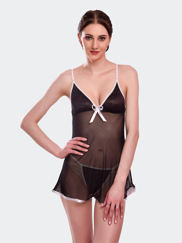 Fleurt Black Spendex Net Babydoll with Robe Dress for Women BD-155-BK & New