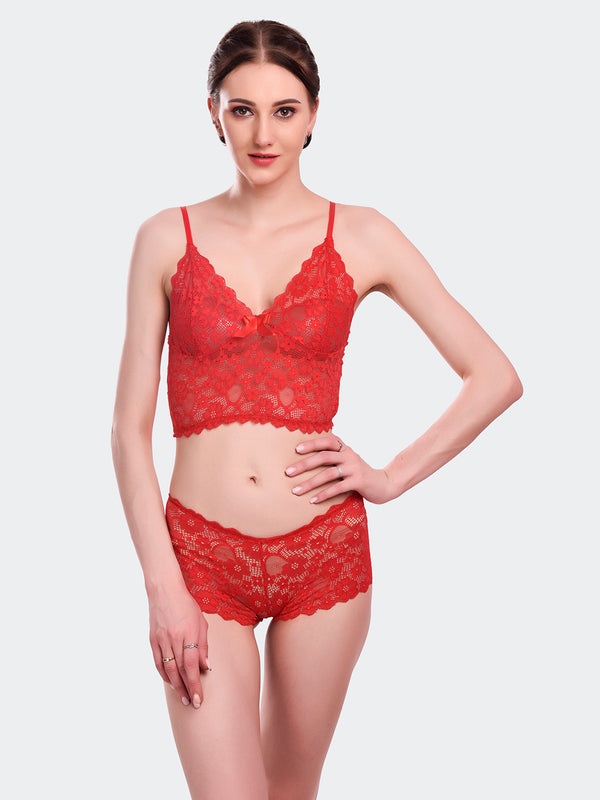 Fleurt Red Lycra Lace Lingerie Set - One Size (Free Size) For Women Fleurt-Set-170-RD