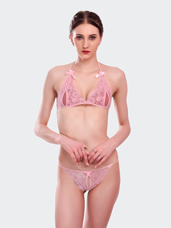 Fleurt Pink Lycra Net Bikni Set I Lingerie Set - One Size (Free Size) For Women Fleurt-Set-206-PK