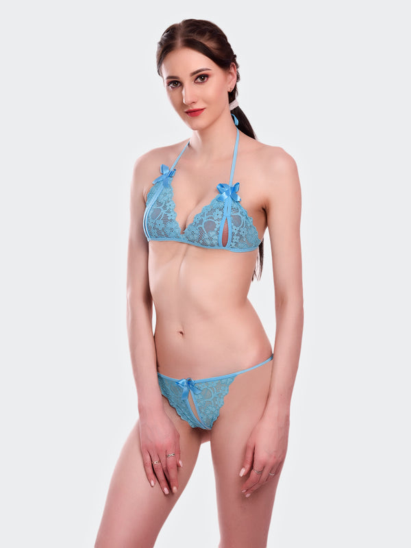 Fleurt Sky Blue Lycra Net Bikni Set I Lingerie Set - One Size (Free Size) For Women Fleurt-Set-206-S.BL