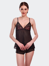 Fleurt Black Power Net Premium Baby Doll Dress for Women HOBF-1028-BK