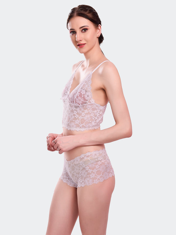 Fleurt White Lycra Lace Lingerie Set - One Size (Free Size) For Women Fleurt-Set-170-WH