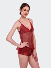 Fleurt Maroon Power Net Premium Baby Doll Dress for Women HOBF-1028-MR