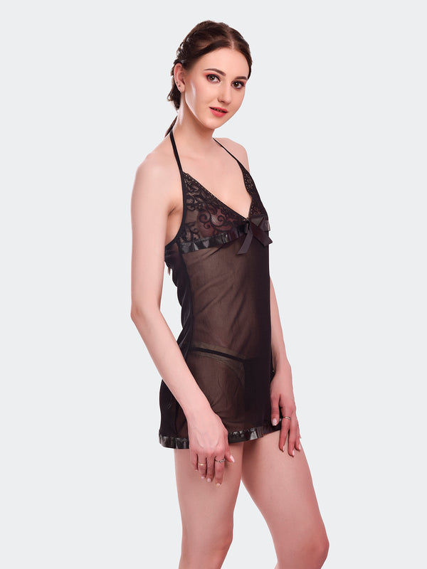 Fleurt Black Spendex Net Baby Doll Dress for Women HOBF-BD-142-BK