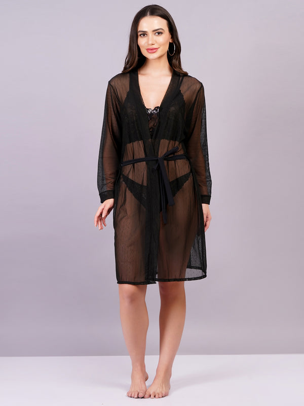 Fleurt Black Power Net+Lycra Net Babydoll with Robe Dress for Women HOBF-BD-170GN-BK