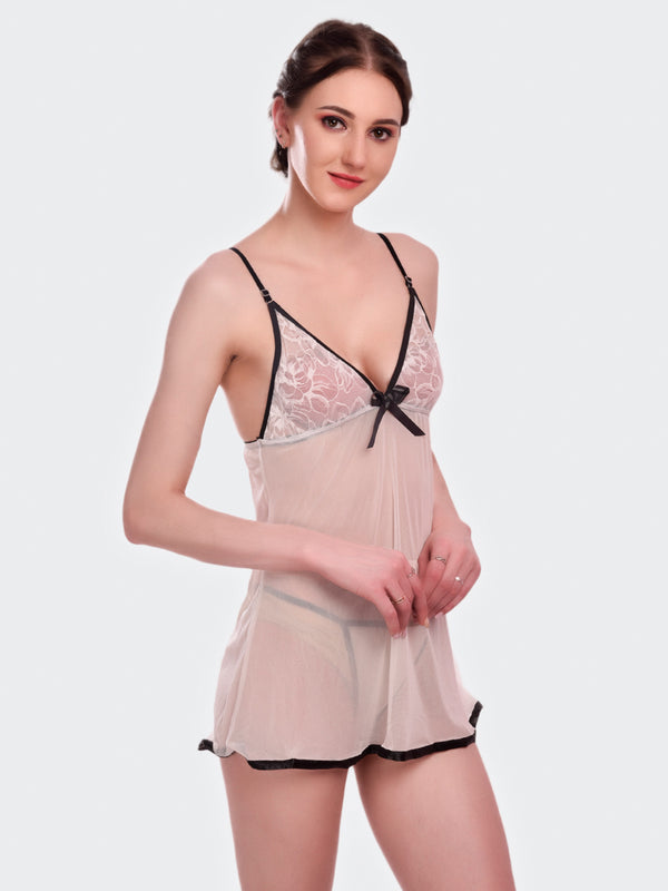 Fleurt White Spendex Net Baby Doll Dress for Women HOBF-BD-155-WH