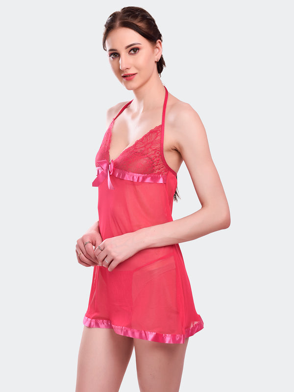 Fleurt Rose Pink Spendex Net Baby Doll Dress for Women HOBF-BD-142-RPK