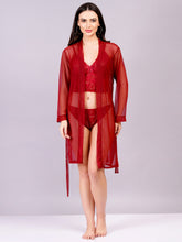 Fleurt Maroon Power Net+Lycra Net Babydoll with Robe Dress for Women HOBF-BD-170GN-MR