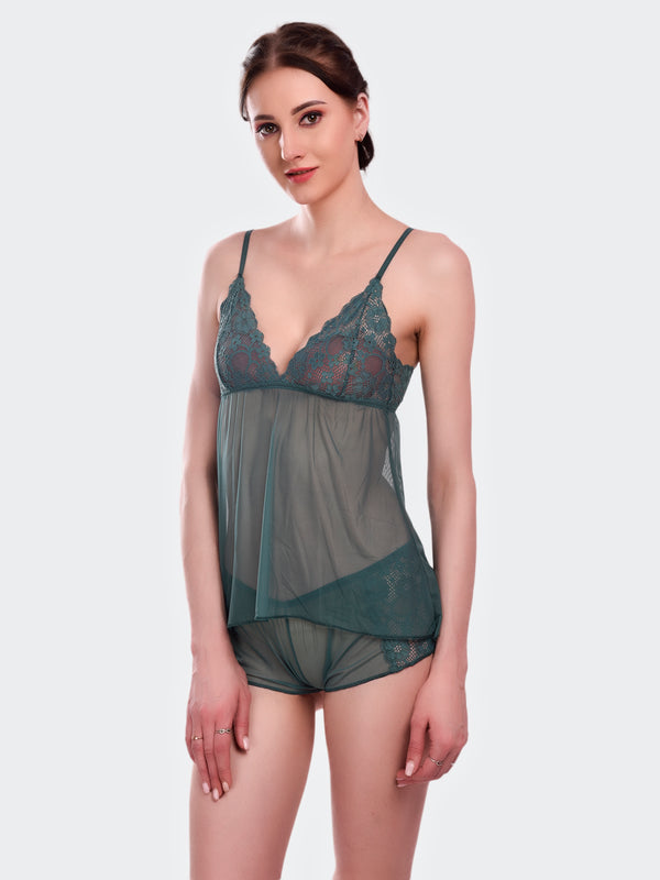 Fleurt Green Power Net Co-Ord Set Babydoll Dress for Women HOBF-1028-GR