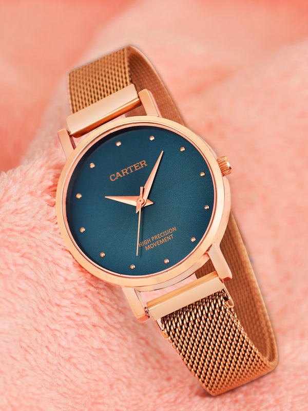 Sandy D Carter Metal Rose Gold Analogue Round Watches for Women_SDC24-77-RG-SL