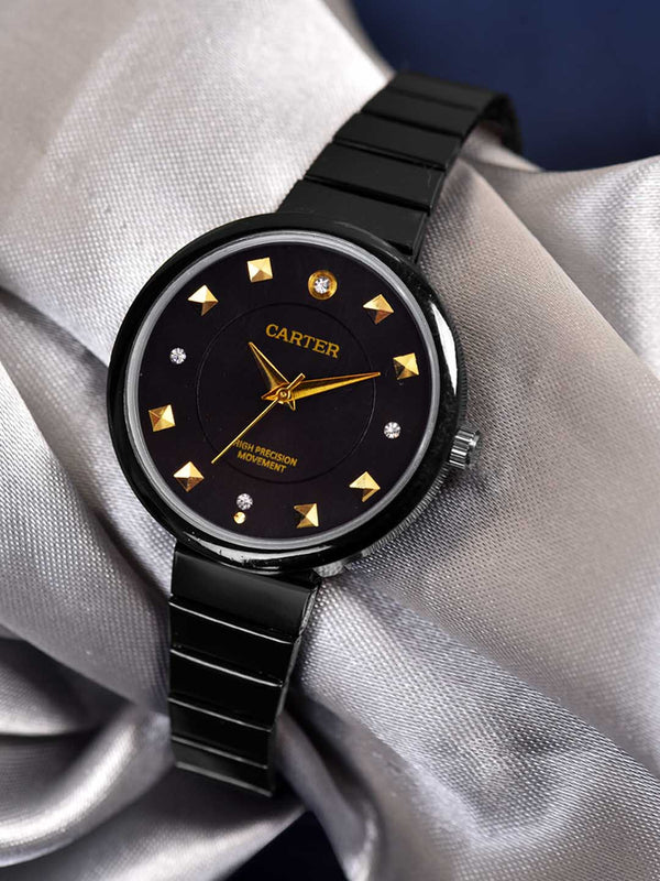 Sandy D Carter Metal Black Analogue Round Watches for Women_SDC24-66-BK
