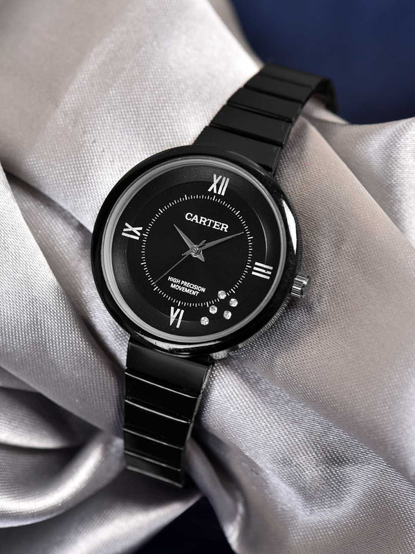Sandy D Carter Metal Black Analogue Round Watches for Women_SDC24-64-BK