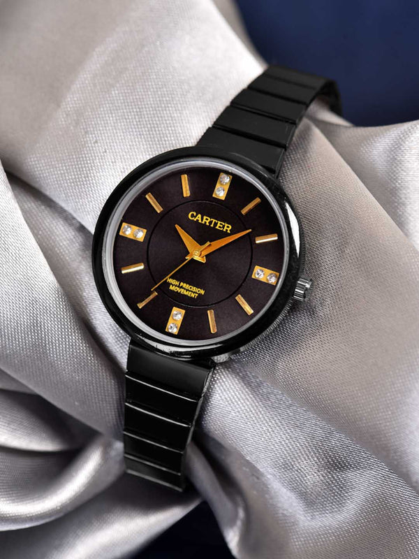 Sandy D Carter Metal Black Analogue Round Watches for Women_SDC24-69-BK