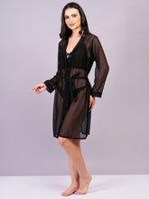 Fleurt Black Power Net+satin Babydoll with Robe Dress for Women BD-1010-BK & Set-170-BK