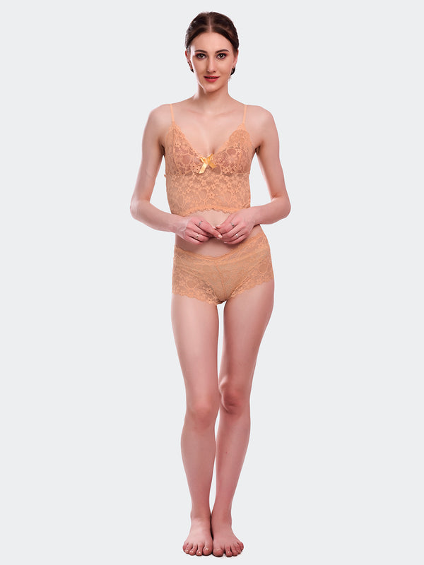 FLEURT Gold One Size Polyester Boy Shorts Mid-Rise Lingerie Set For Women Fleurt-Set-170-GD