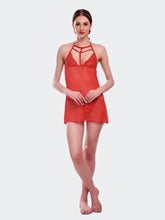 Fleurt Red Spendex Net Baby Doll Dress for Women HOBF-BD-0368-RD