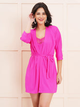 Fleurt Pink Forbe Lycra Babydoll with Robe Dress for Women Fleurt25-BD-SHRUG-PK
