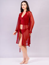 Fleurt Maroon Power Net+Lycra Net Babydoll with Robe Dress for Women HOBF-BD-170GN-MR