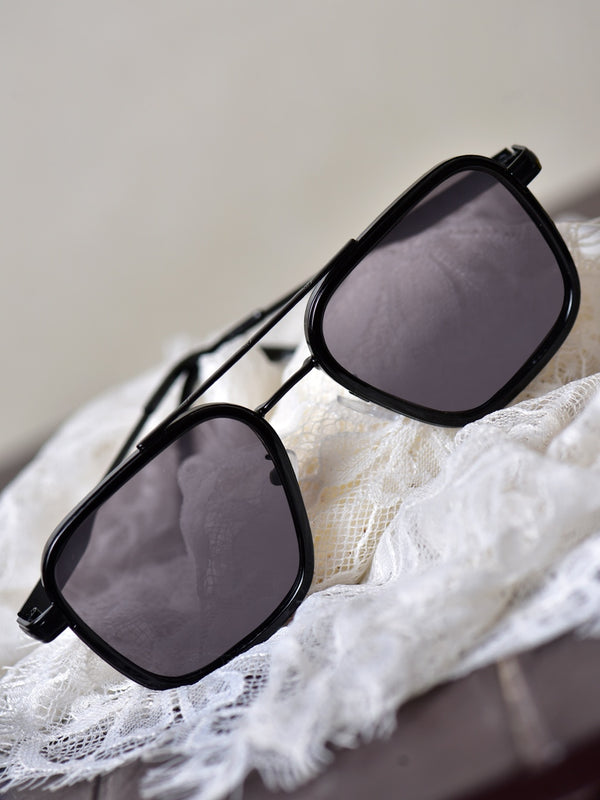 Celebrity Black Metal Frame With Black UV Protected Lens Browline Sunglasses for Unisex_2351-BK2