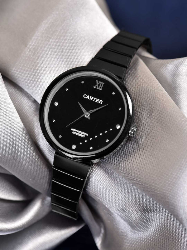 Sandy D Carter Metal Black Analogue Round Watches for Women_SDC24-67-BK