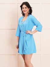Fleurt Sky Blue Forbe Lycra Babydoll with Robe Dress for Women Fleurt25-BD-SHRUG-SBL