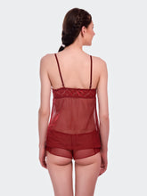 Fleurt Maroon Power Net Premium Baby Doll Dress for Women HOBF-1028-MR