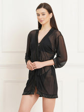 Fleurt Black satin+spendex Babydoll with Robe Dress for Women BD-1014-BK & Set-Bikini-0239BK