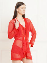 Fleurt Red Power Net+Spendex net Babydoll with Robe Dress for Women Fleurt25-BD-SH-170O-1014_RD