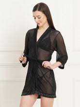 Fleurt Black Power Net+Spendex net Babydoll with Robe Dress for Women Fleurt25-BD-SH-206-1014_BK