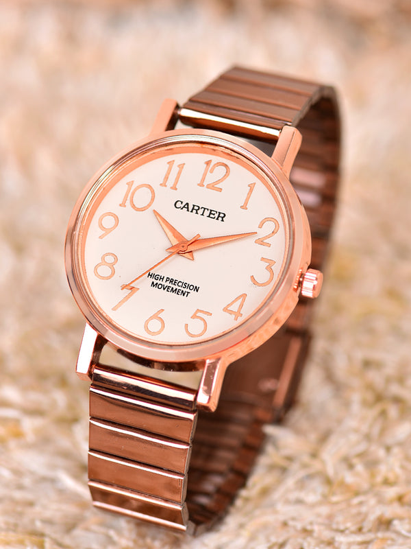 Sandy D Carter Metal Copper Analogue Round Watches for Women_SDC24-83-RG-WH