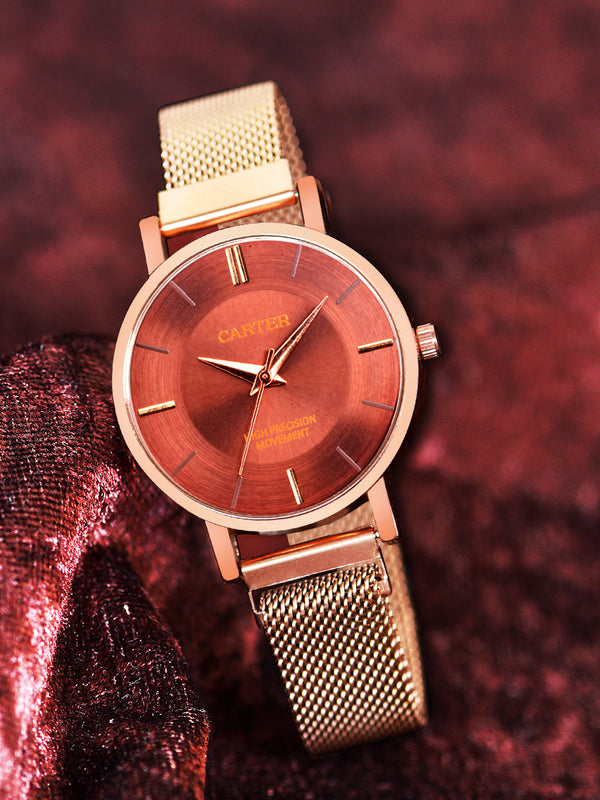 Sandy D Carter Metal Rose Gold Analogue Round Watches for Women_SDC24-73-RG-BR